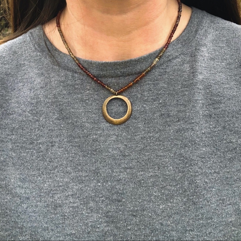 1990s Vintage Artisan Glass Bead Copper Circle Necklace | 90s Beaded Chocker